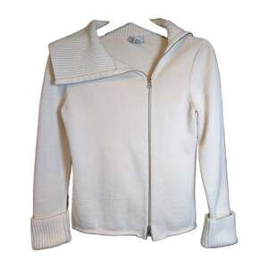 Ann Taylor LOFT Merino Wool Cashmere Sweater Jacket M Ivory Asymmetrical Zip